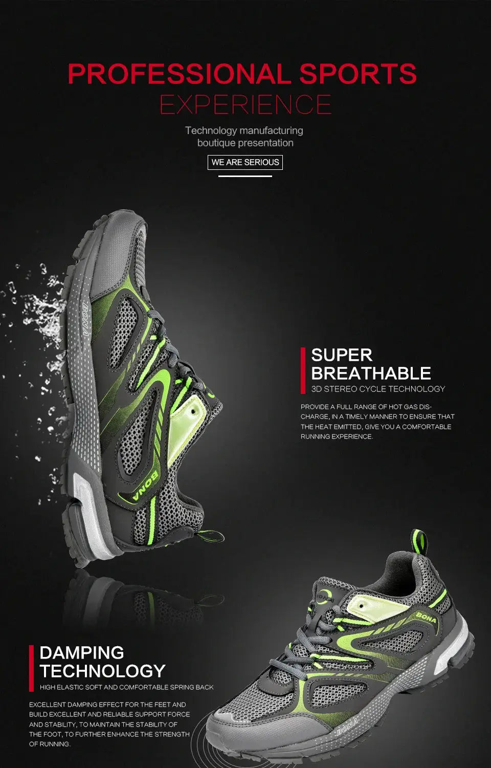 BONA men's running shoes, grey mesh with neon green accents, two shoes shown