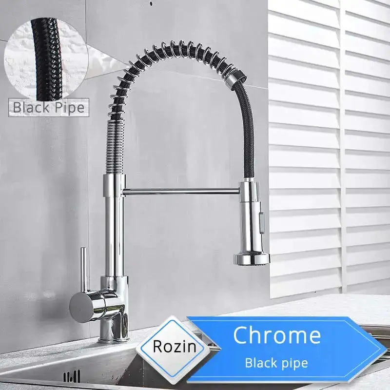 Rozin kitchen faucet deck-mounted mixer with chrome body and black coil hose, 360° swivel