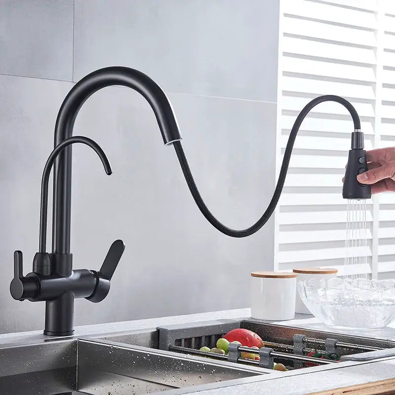 Matte black kitchen faucet with dual handles and pull-out flexible spray head