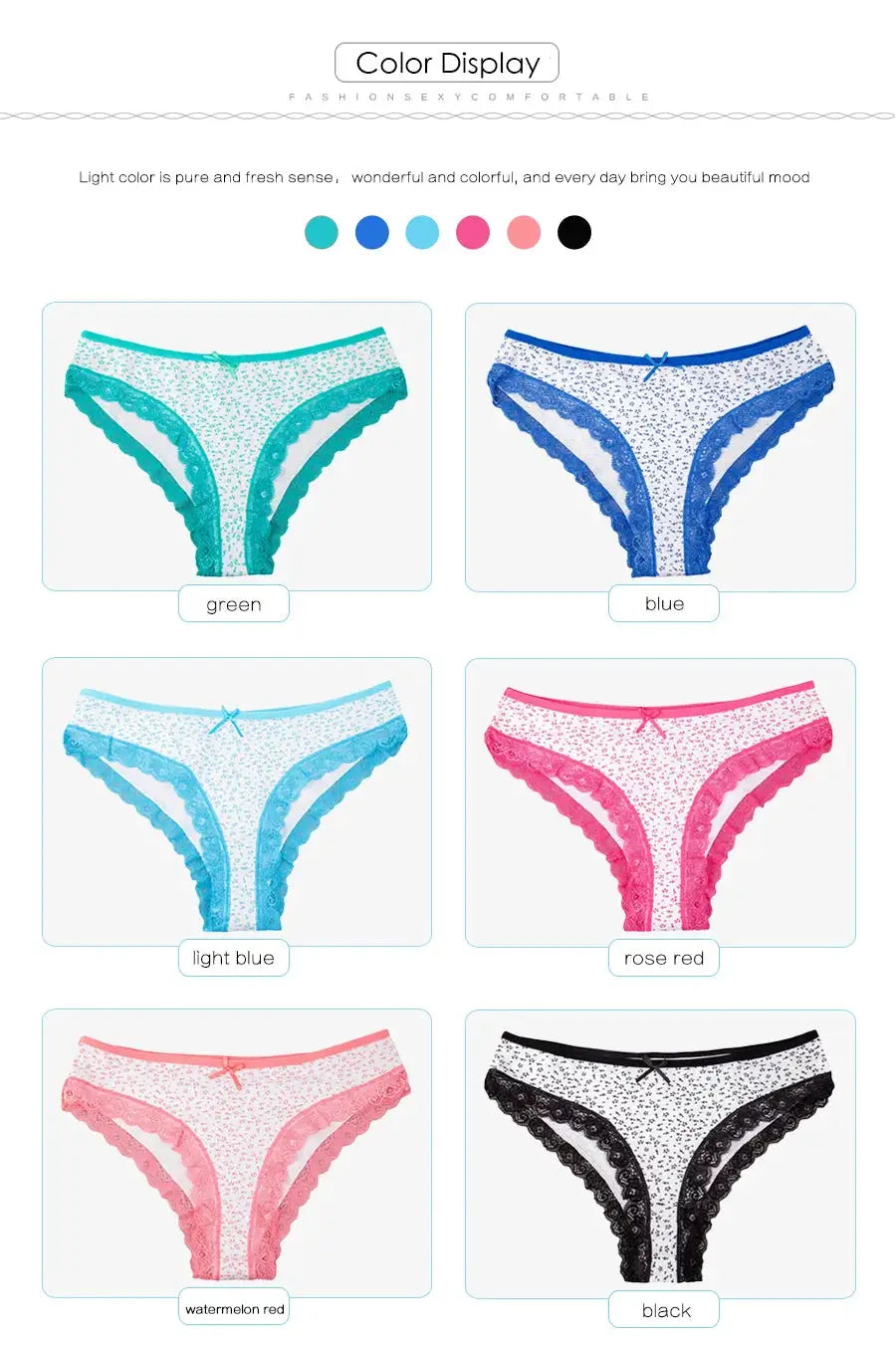 Women's cotton panties by Simples Market 6-color bikini briefs green blue light blue rose red watermelon red black
