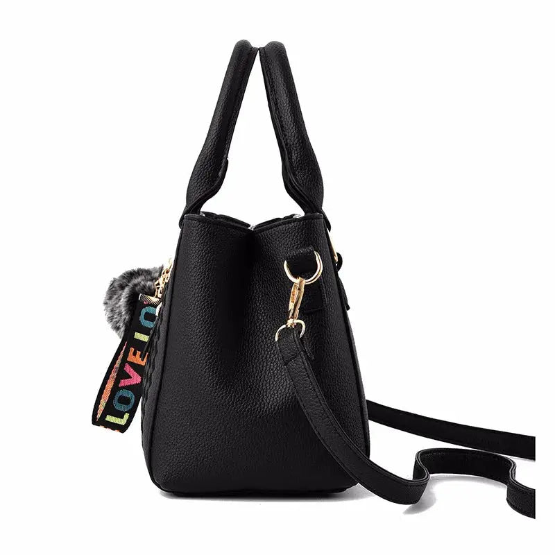 NovaLuxe PU Leather Messenger Bag For Women With Fur Ball Accent And Secure Zipper Closure