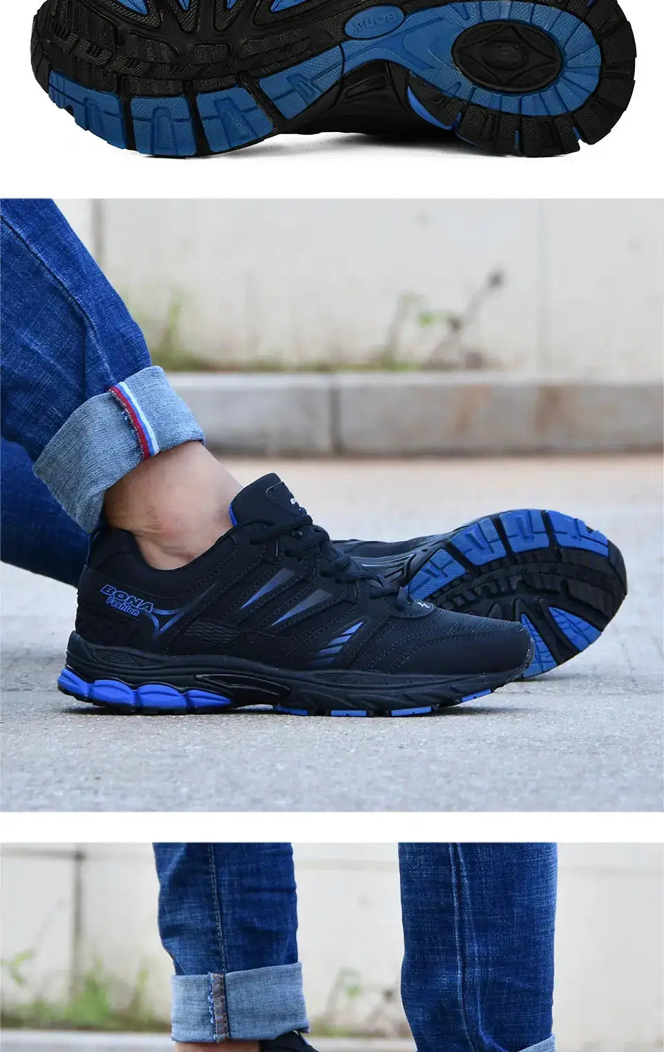 BONA men's running shoes; black with blue outsole, breathable athletic sneakers.