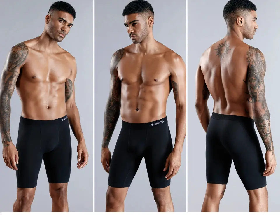 BONITOS men's long-leg boxer briefs in black natural cotton by Simples Market, front/side/back views.