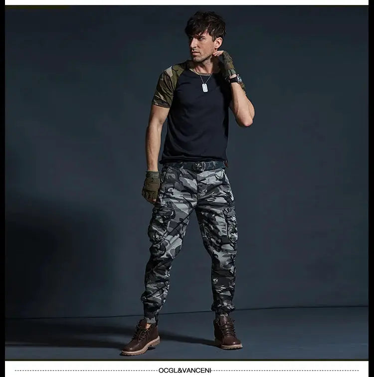 Men's camouflage cargo pants with multiple pockets; gray-black tactical jogger style