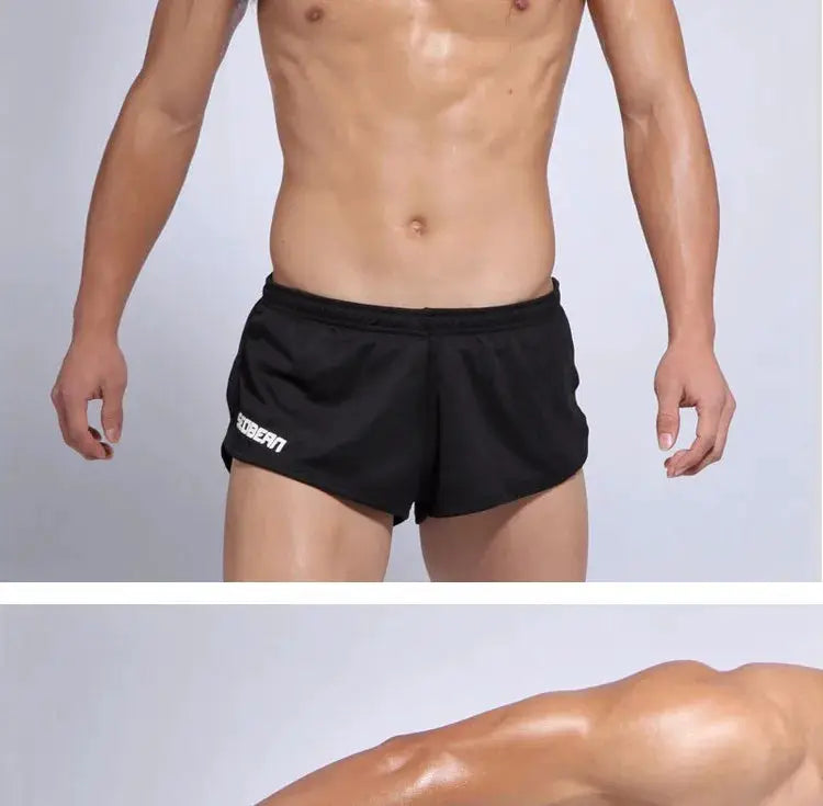 SEOBEAN men's black sports running shorts with inner liner and white logo on left leg.