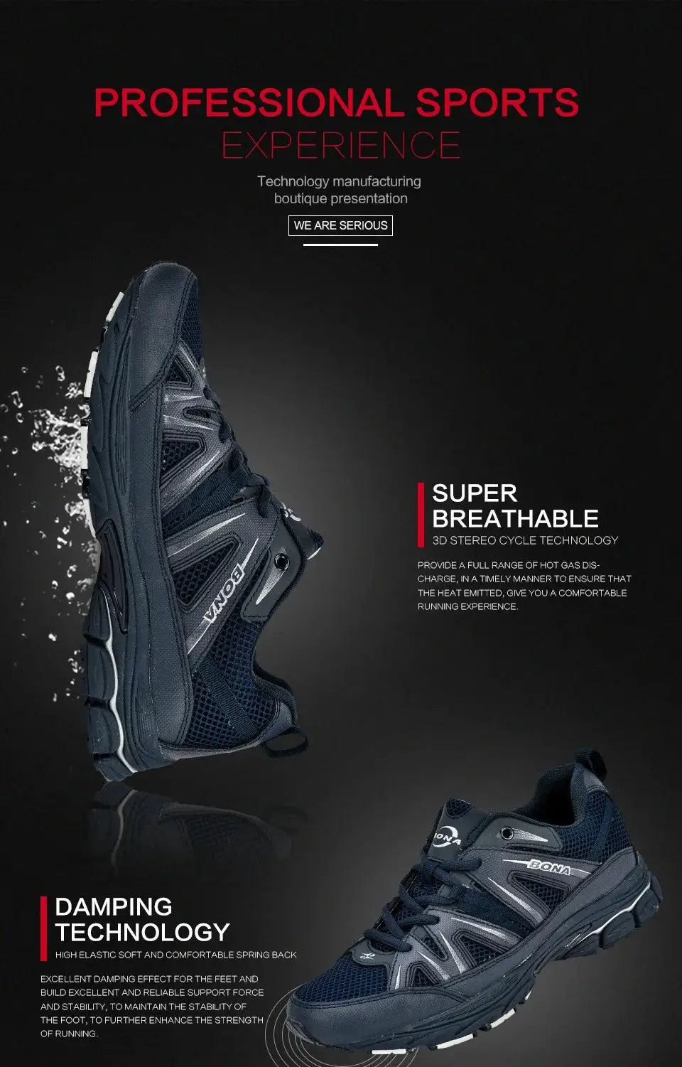 BONA men's running shoes, navy mesh with synthetic overlays; two shoes shown
