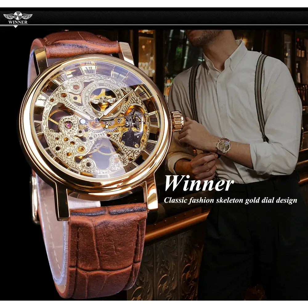 Winner Transparent Skeleton Mechanical Watch With Leather Strap See Through Dial Luxury Casual Timepiece