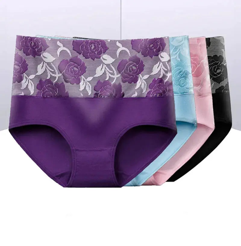 Set of five women's plus-size high-waist cotton panties with floral waistband in assorted colors
