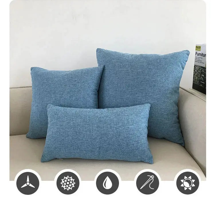 Sofa cushion cover set of 3 in blue denim-textured fabric; fits 30x50–60x60 cm.