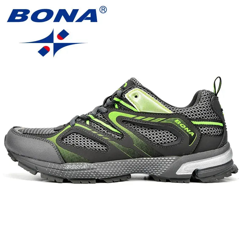 BONA men's running shoes featuring gray mesh, black overlays and lime-green accents