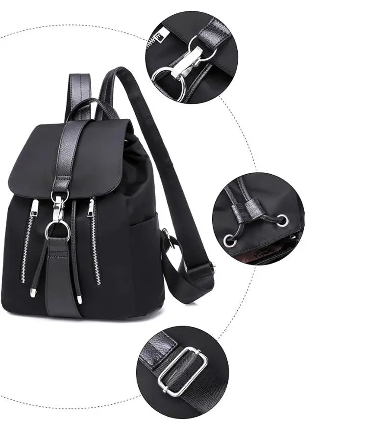 Women nylon backpack black with front zip pockets and adjustable straps