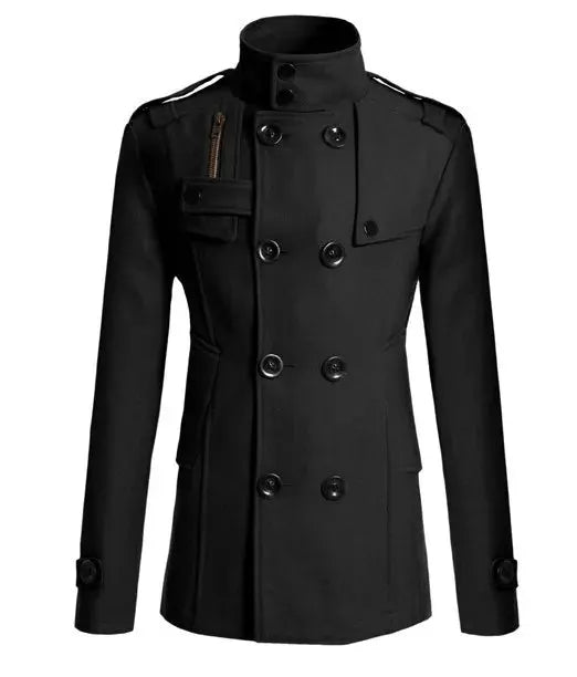 Men's wool overcoat by Simples Market, black double-breasted coat with epaulets and high stand collar.