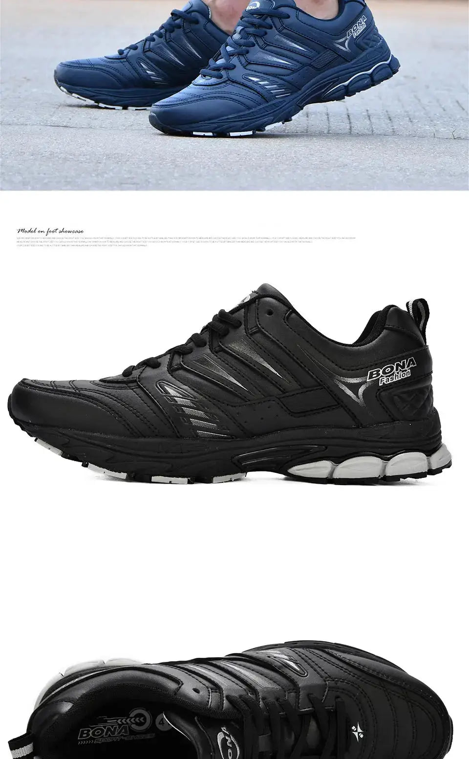 BONA men's running shoes, blue and black colorways with visible logo