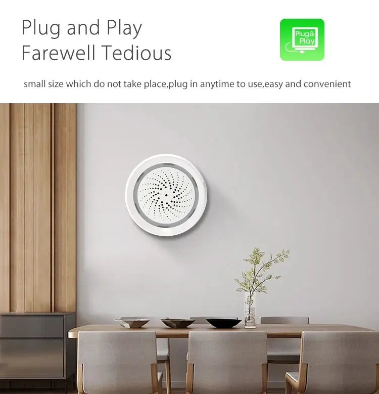 Smart Tuya WiFi siren alarm with temperature humidity sensor, white circular wall-mounted device by Simples Market