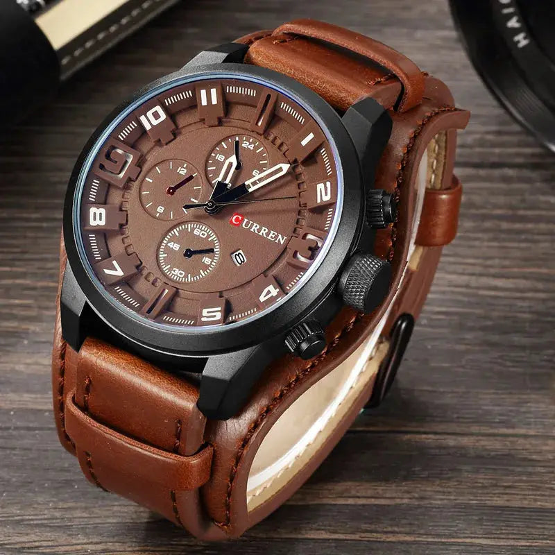 Curren men's leather-strap quartz watch with brown dial, black case and date window