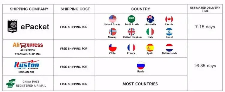 Shipping options table showing ePacket, AliExpress Standard Shipping, Russian Air, and China Post with delivery times.