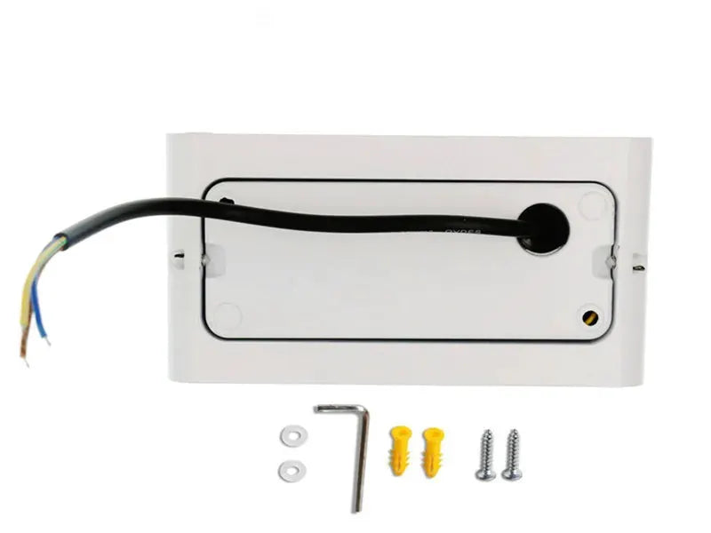 Simples Market white aluminum LED wall lamp with mounting screws, anchors and hex key.