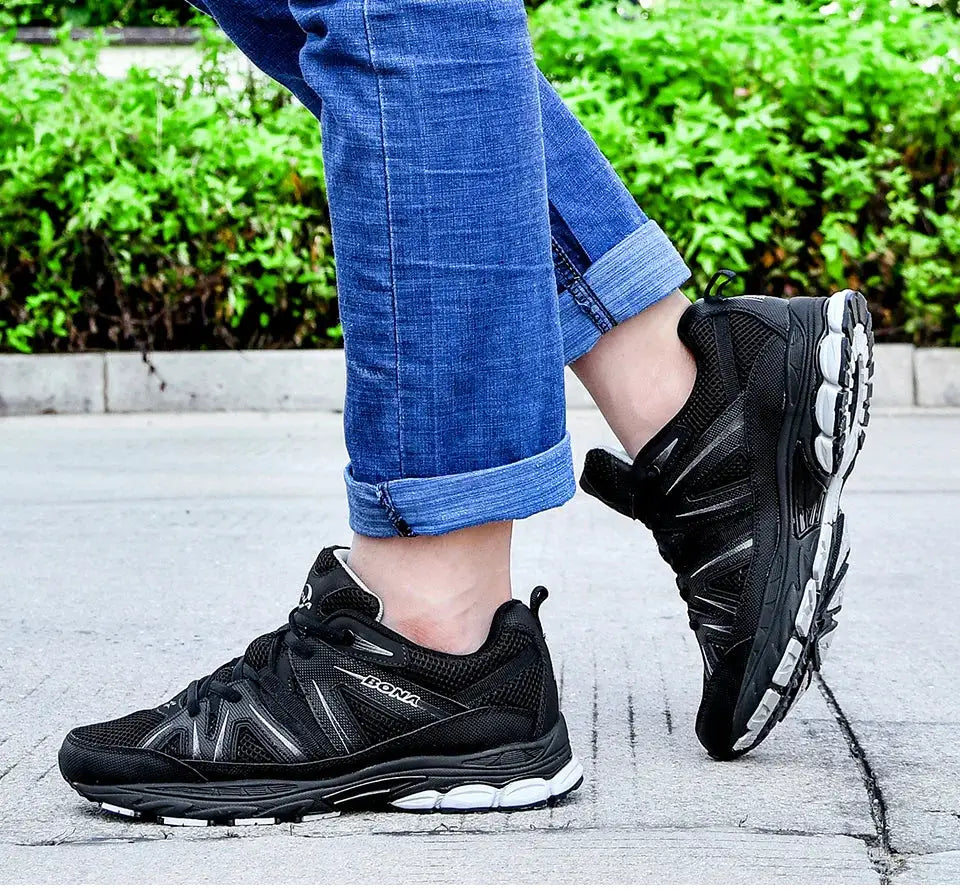 BONA men's running shoes, black mesh cow-split microfiber upper with white outsole