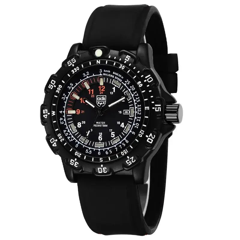 Addies Military Watch with black silicone strap, luminous dial, 50M water resistant