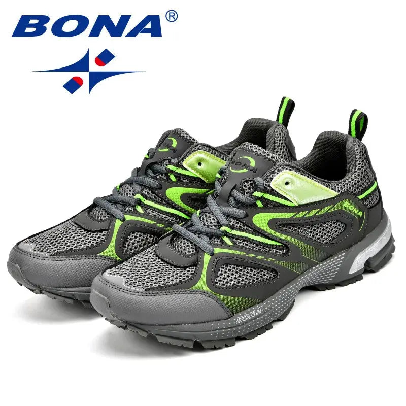 BONA men's running shoes with grey mesh upper and neon green detailing, lace-up sport sneakers