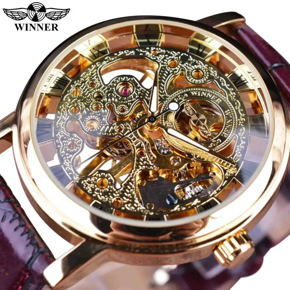 Winner Transparent Skeleton Mechanical Watch With Leather Strap See Through Dial Luxury Casual Timepiece