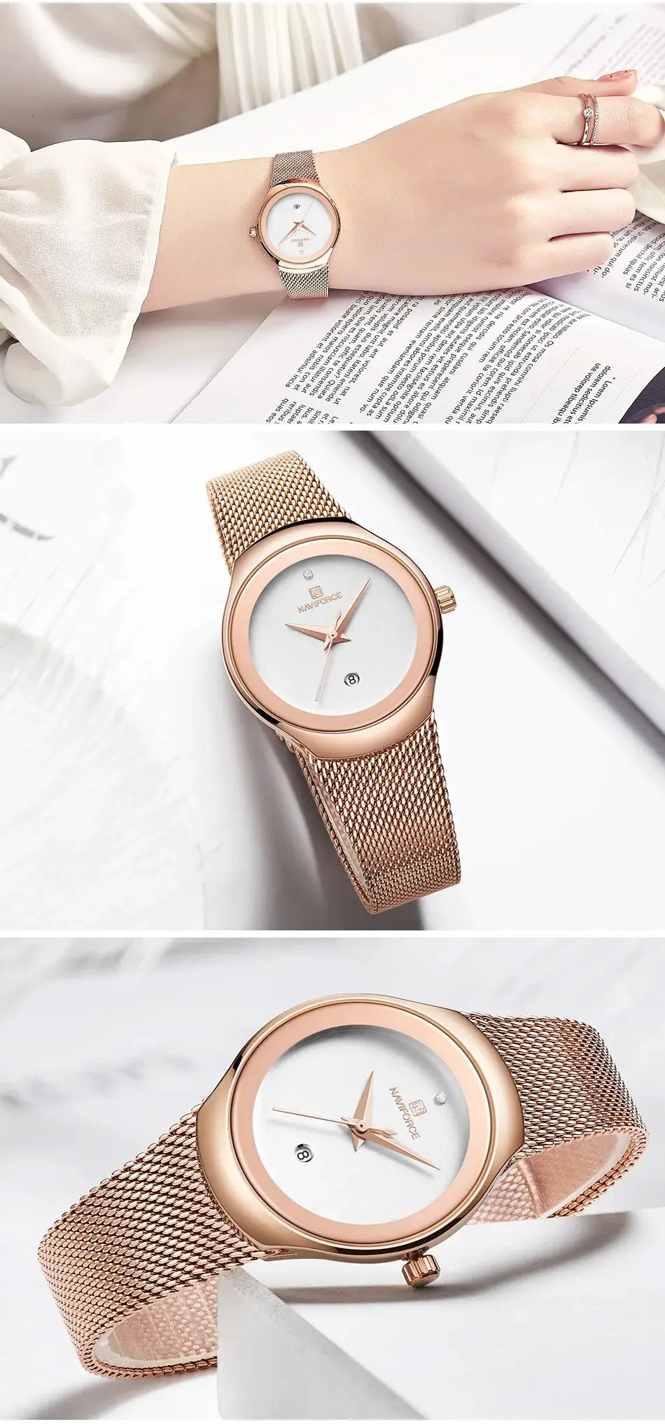 NAVIFORCE women's watch with rose-gold stainless steel mesh band, white dial, waterproof design