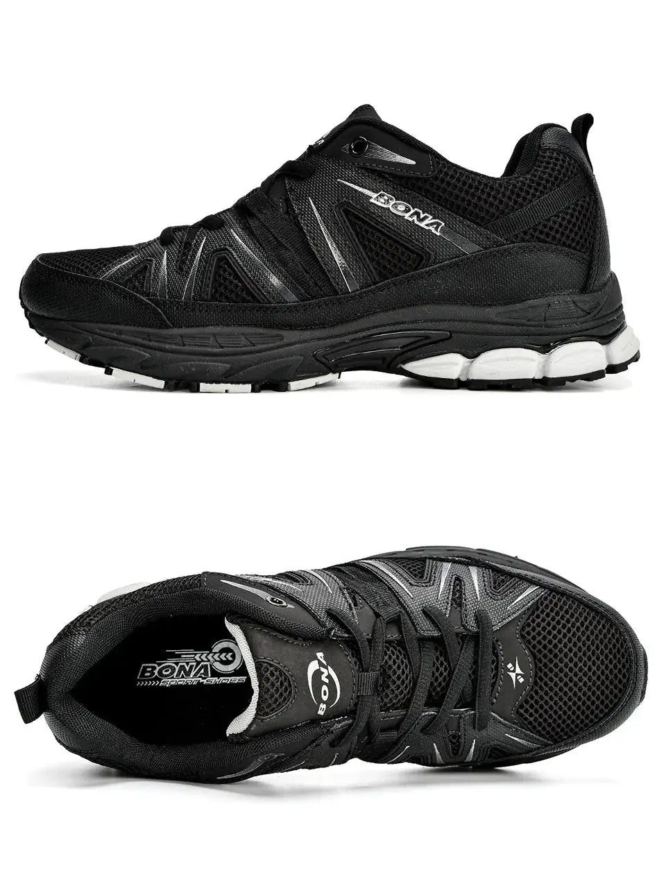 BONA men's running shoes black mesh with microfiber overlays, lace-up outdoor sneakers