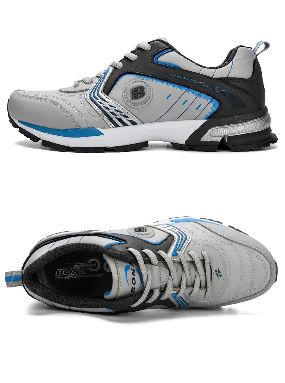 BONA men's running shoes, gray and blue, lace-up outdoor sneakers for walking and jogging.