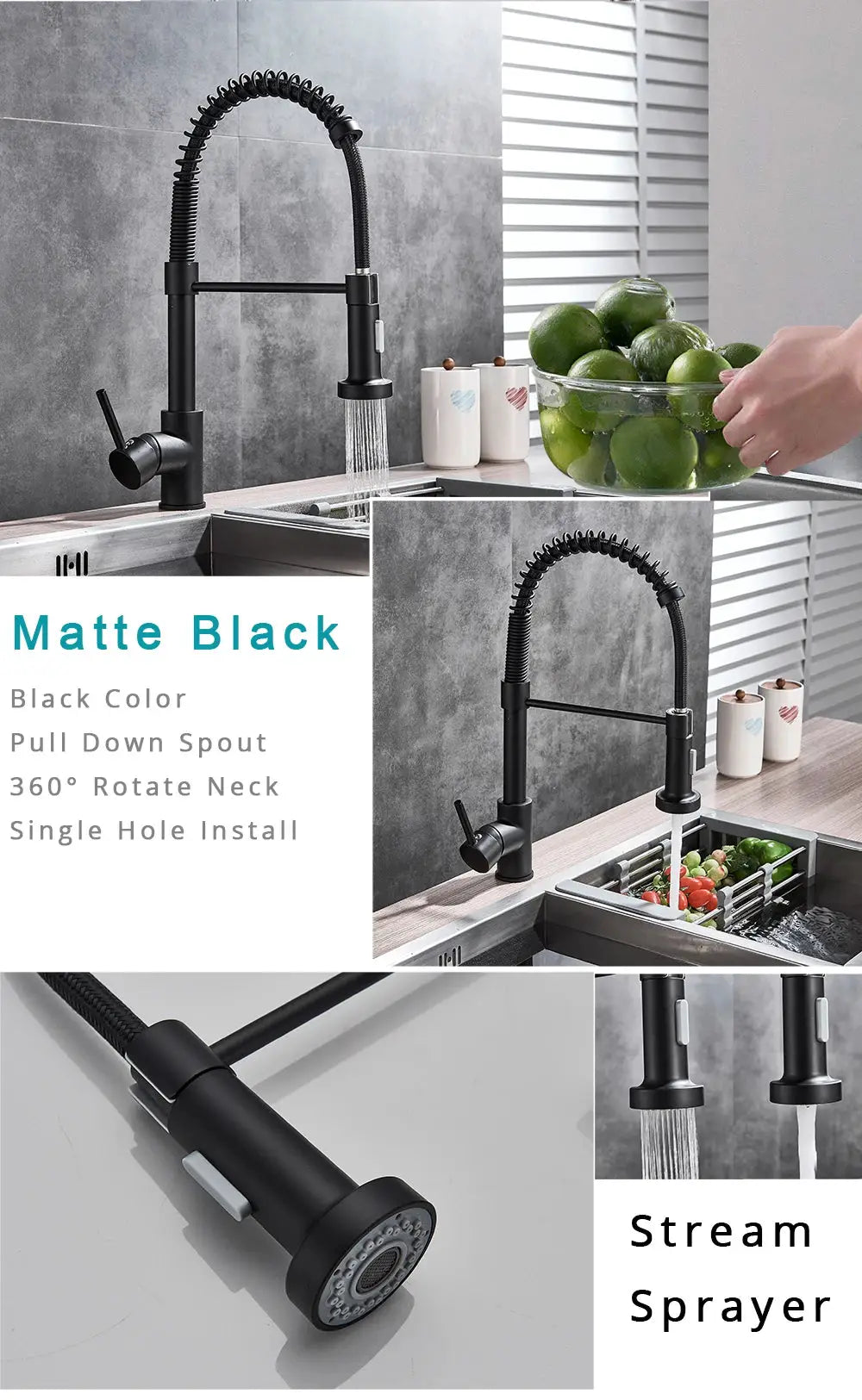 Rozin matte black kitchen faucet with pull-down spray head, deck-mounted, 360° swivel