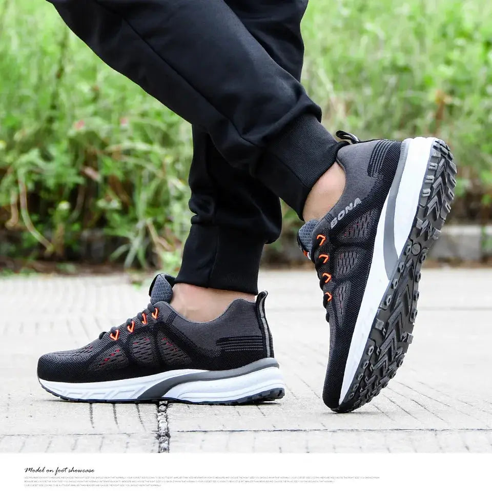 BONA men's sneakers, black mesh running shoes with orange laces and white sole