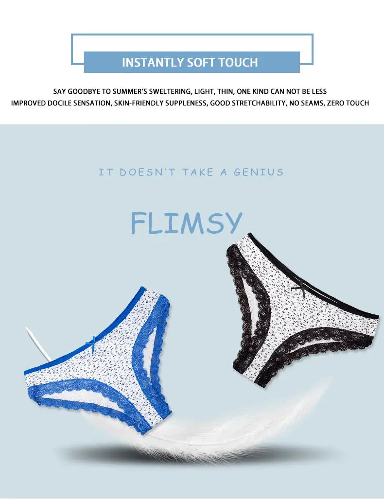 Women's cotton panties set with blue floral lace-trimmed pair and black lace-trimmed pair, 2 pcs