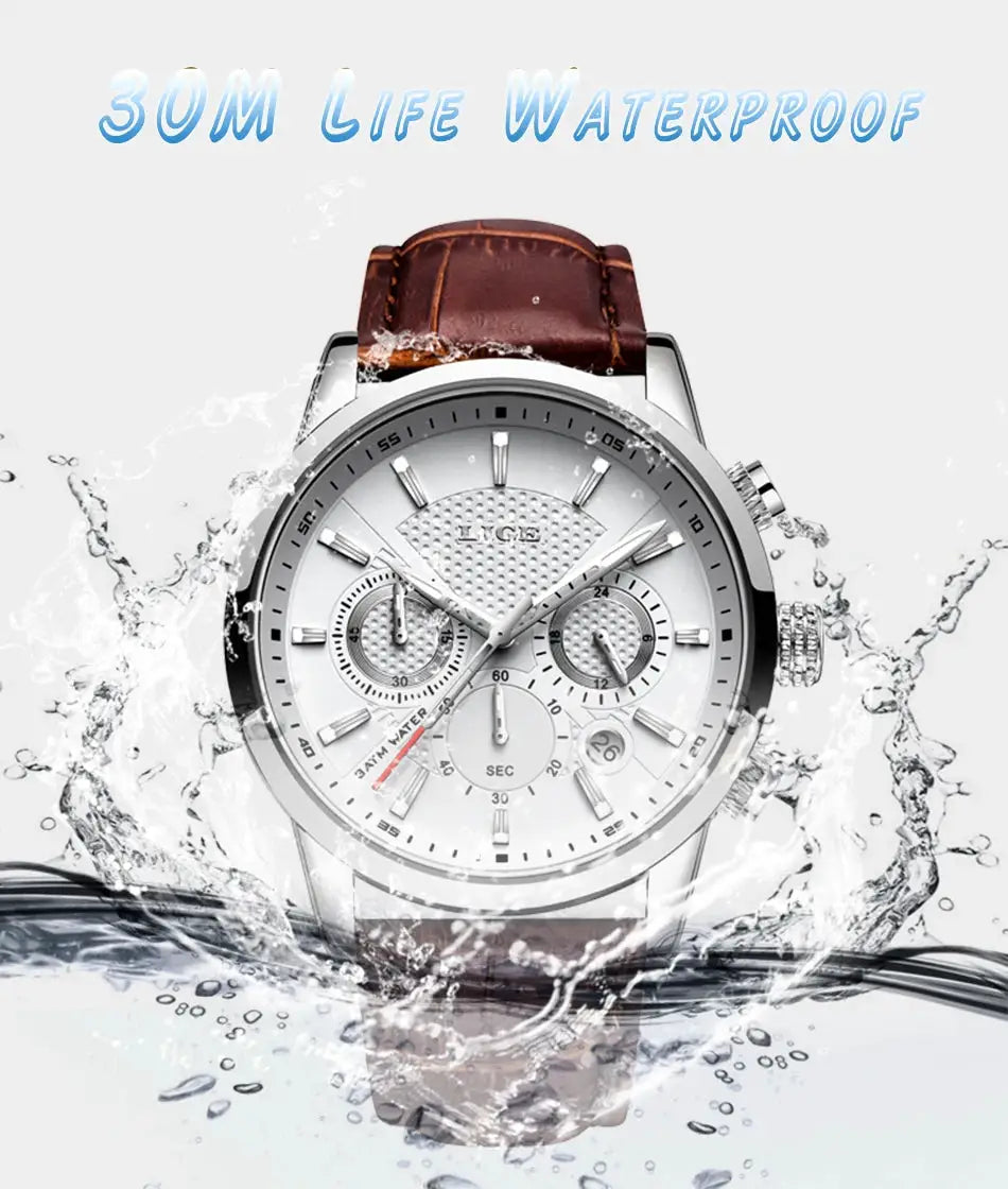 LIGE men's luxury leather watch with brown strap, silver case and white dial; chronograph subdials; water resistant; includes box