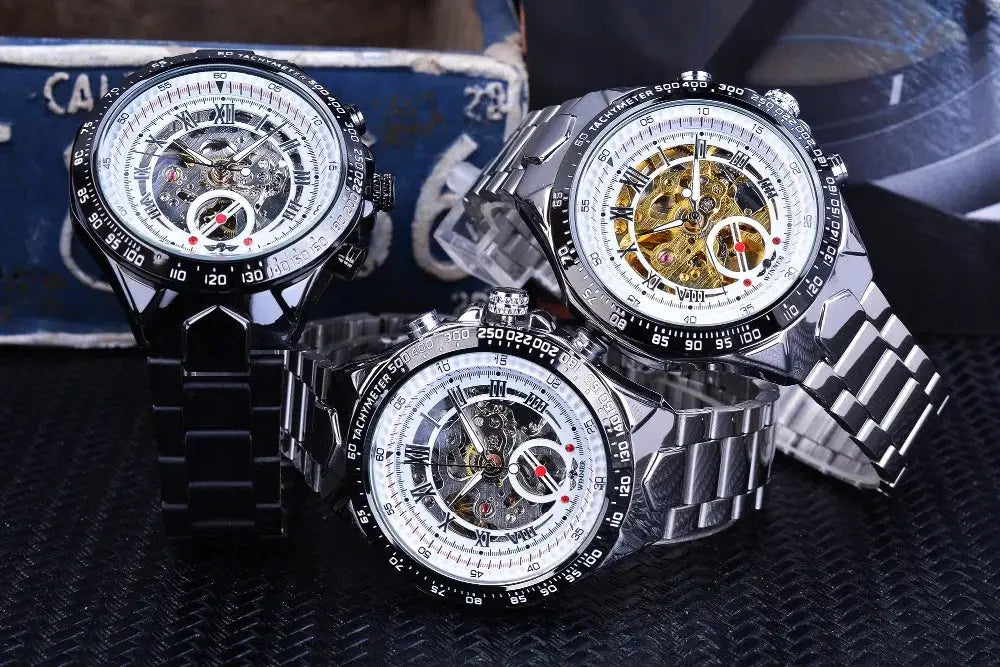 Men's mechanical skeleton watches with sport bezels; set of 3 stainless steel timepieces