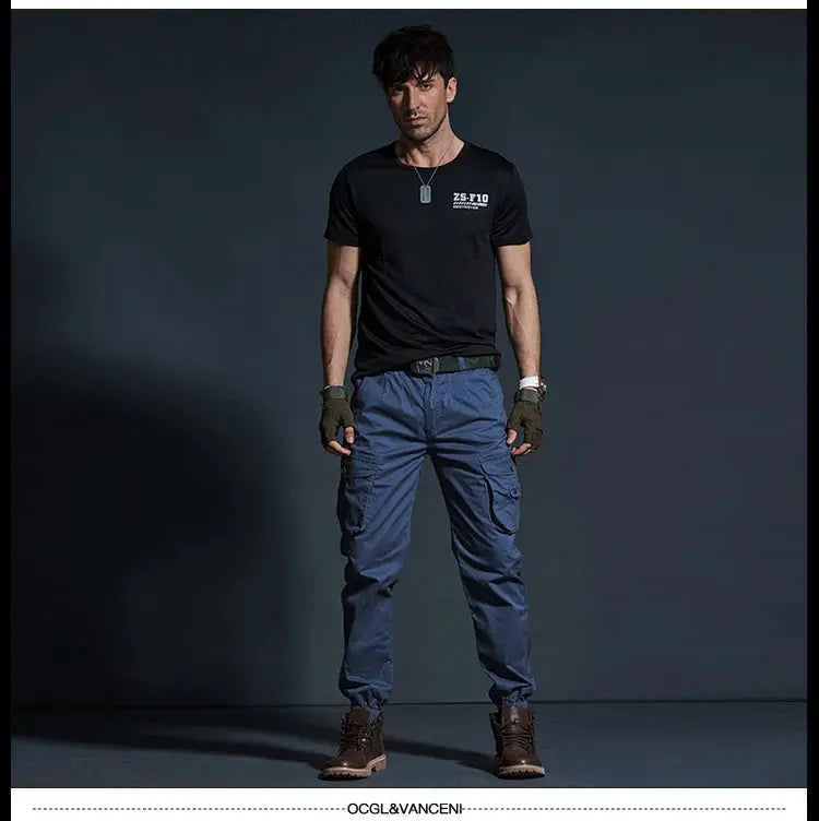 Men's cargo tactical joggers in blue with multiple pockets and rugged boots