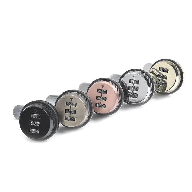 Six KAK combination cabinet locks in black and silver zinc alloy finishes.