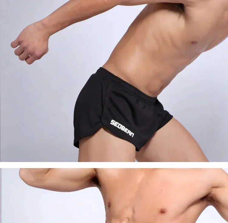 SEOBEAN men's black running shorts with inner liner and SEOBEAN logo on the thigh