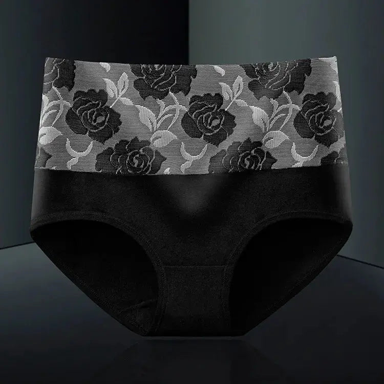 Panties black high-waist cotton briefs with a wide gray floral lace waistband