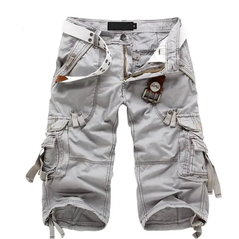 Simples Market men's cargo shorts in light gray cotton, knee-length casual shorts with belt, zippers and pockets