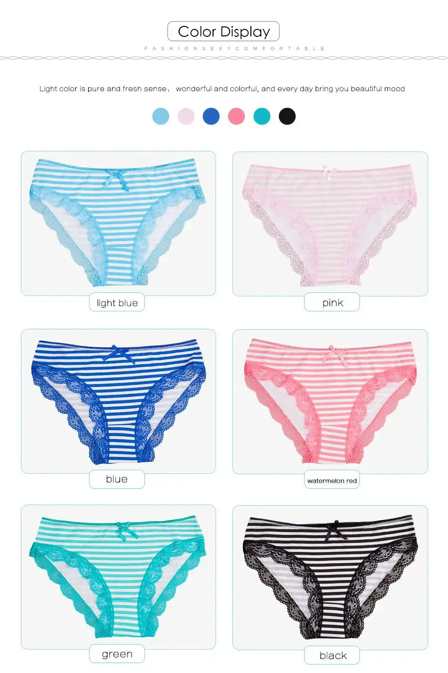 Women's striped cotton panties with lace trim, six-pair assorted-color set