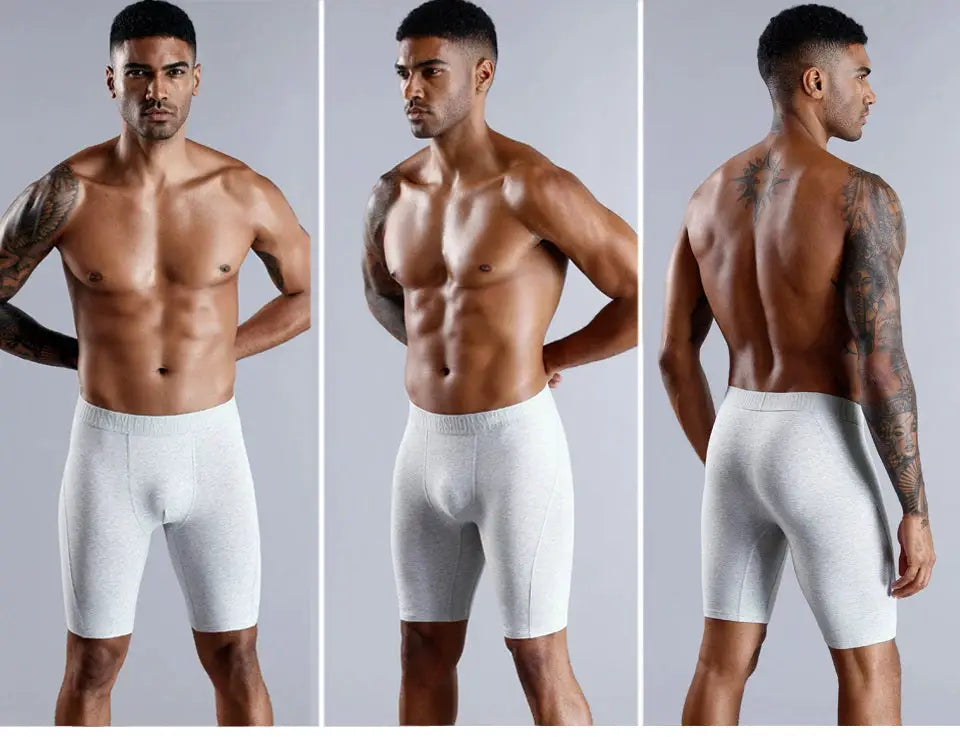 BONITOS men's long-leg boxer shorts in natural cotton, light gray; three-view display by Simples Market.