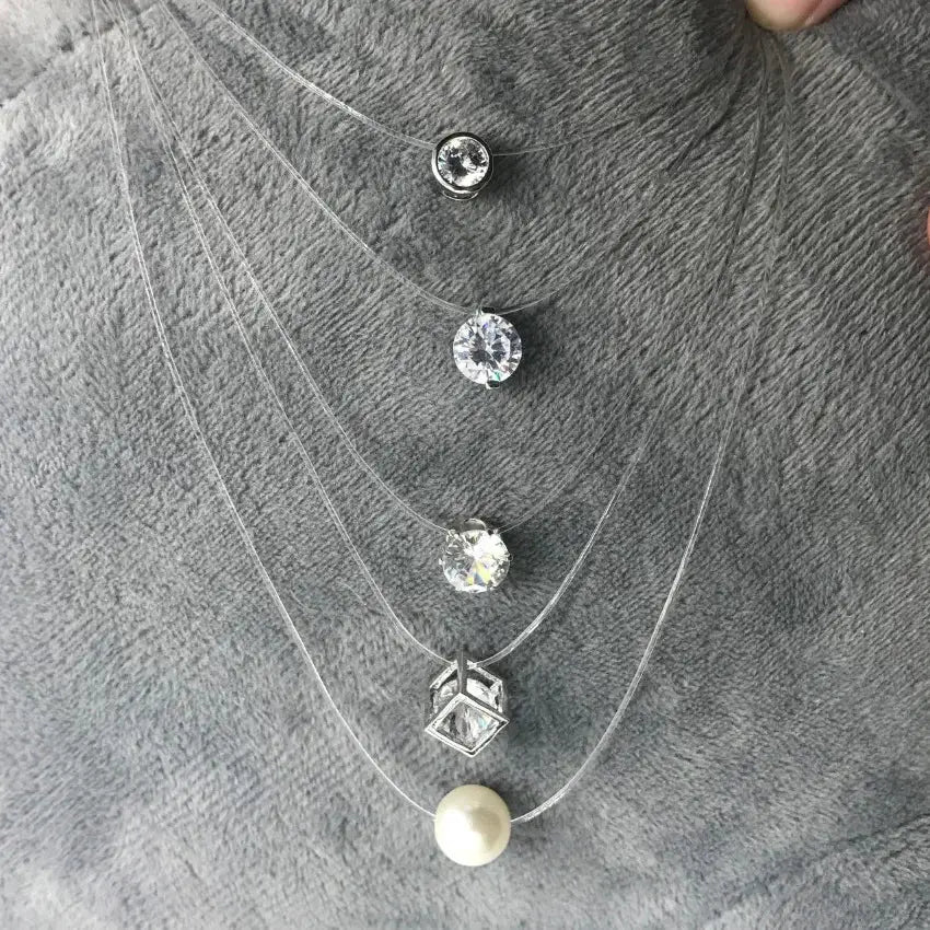 5 Colors Dazzling Zircon Pendant Necklace With Invisible Transparent Fishing Line Chain For Women Minimalist Jewelry