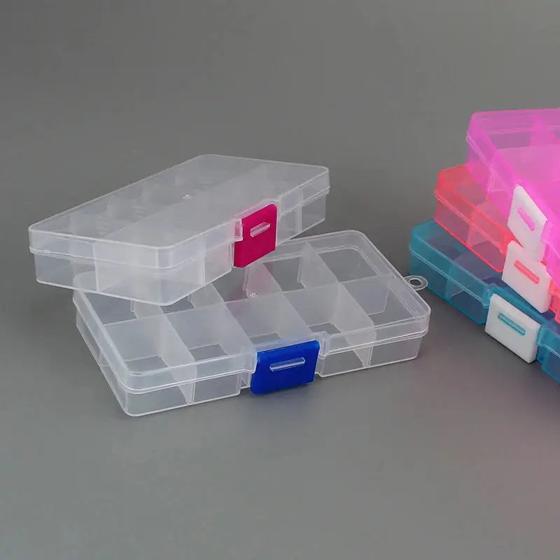 Clear 10-slot portable plastic storage box with colorful latches for beads, jewelry, screws