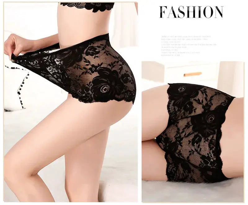 Black lace high-waist panties for women, plus size, floral pattern, cotton crotch lining