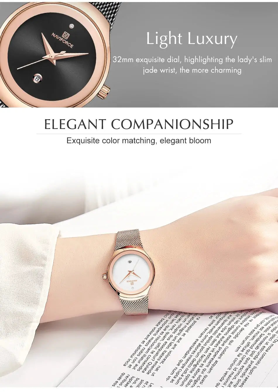 NAVIFORCE women's rose-gold stainless steel mesh watch; two watches shown with black and white dials