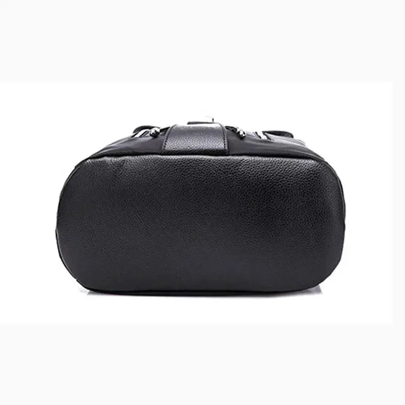 Women's black nylon backpack shown from the bottom, casual travel bag