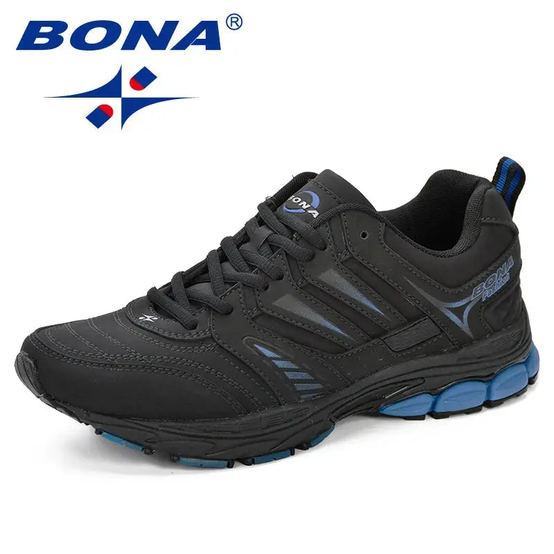 BONA men's running shoe in black/gray with blue outsole accents, breathable athletic sneaker