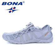 BONA men's running shoes in light gray mesh with lace-up design for outdoor walking and jogging.
