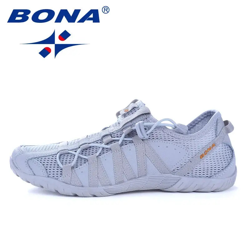 BONA men's running shoes in light gray mesh with lace-up design for outdoor walking and jogging.