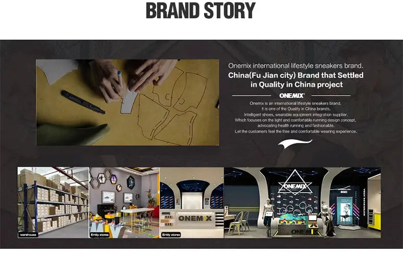 ONEMIX men's running shoes display at a brand-story booth with showroom interiors and mannequins