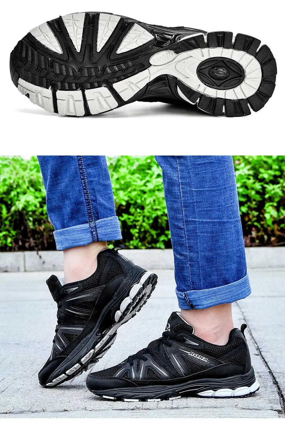BONA men's running shoes pair, black mesh and microfiber upper with lace-up design and rugged outsole.